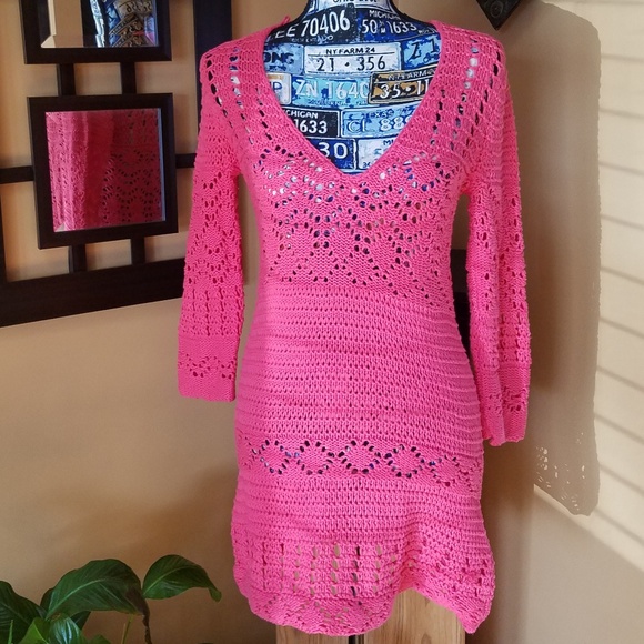 Moda International Other - MODA INTERNATIONAL PINK CROCHETED COVER UP DRESS!